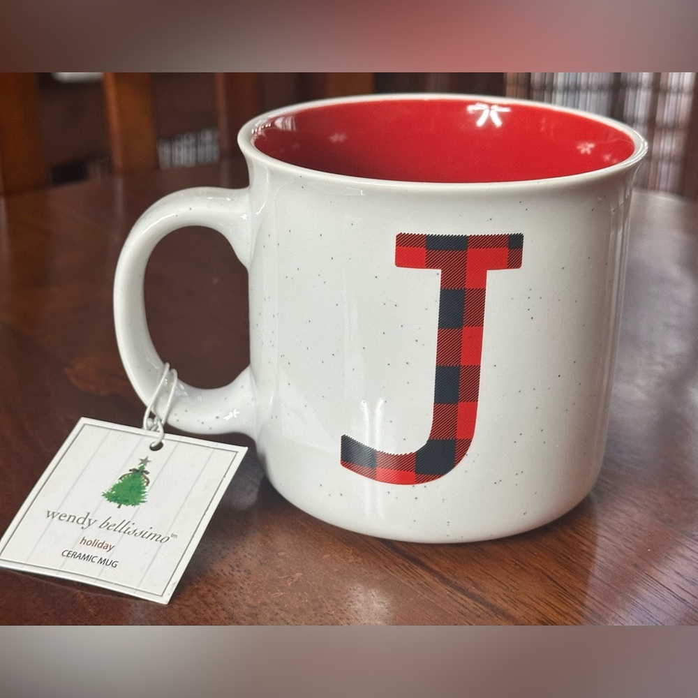 Wendy Bellissimo “J” Initial Holiday Mug Buffalo Plaid Red Stoneware NWT Gift